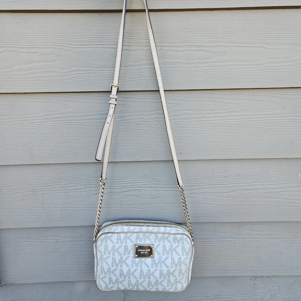 Michael Kors White Fulton Monogram Logo Crossbody Purse Gold Chain Small Bag